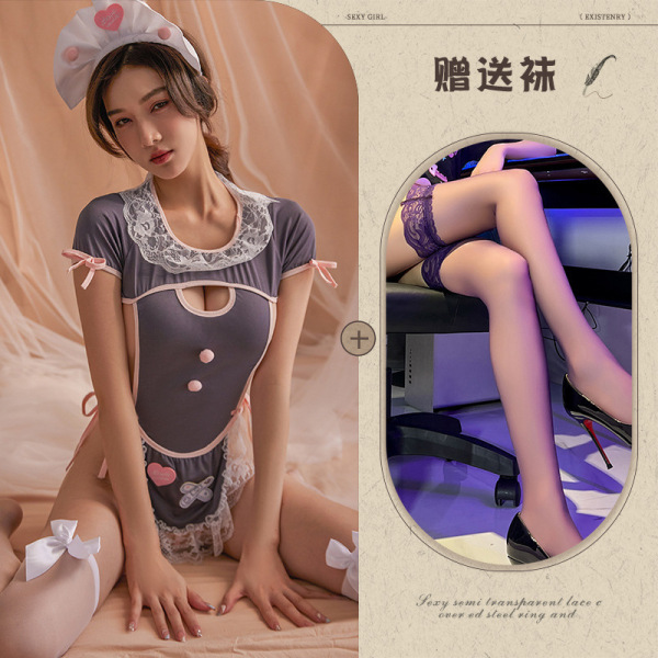 Rouxixue Sexy Maid Costume Set – Seductive Lace Bodysuit, Pure-Temptation Sleepwear with Open-Crotch Design - Gray suit + black stockings