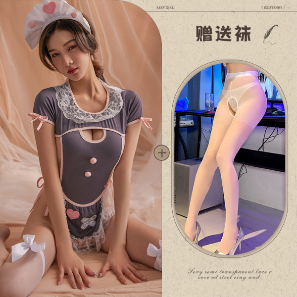 Rouxixue Sexy Maid Costume Set – Seductive Lace Bodysuit, Pure-Temptation Sleepwear with Open-Crotch Design - Gray suit + white open-crotch socks