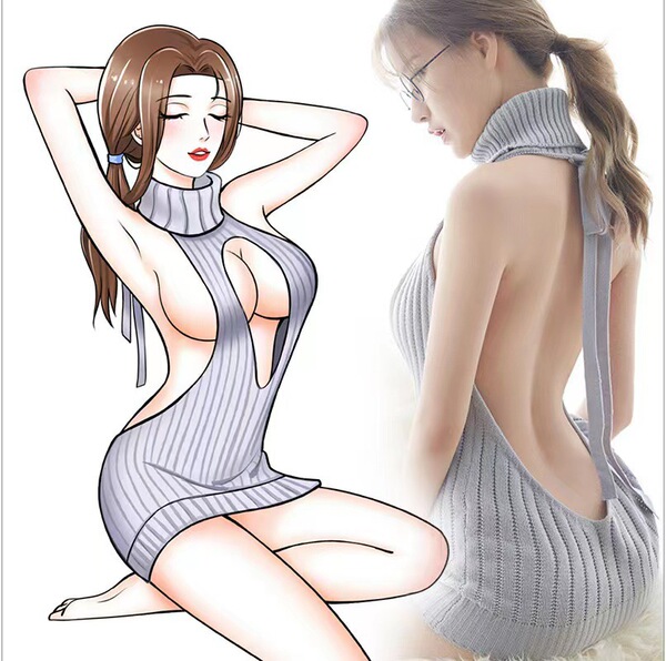 Romantic Nightwear Sweater Dress - Open-Front Backless Sexy Knit Mini Dress for Women - Gray and white open-crotch socks