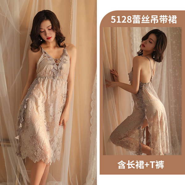 Women's Plus Size Lace Sheer Nightgown - Side-Slit Seductive Mesh Slip Dress for Intimate Moments - Grey and white open-crotch socks