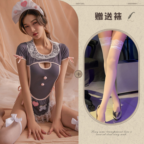 Rouxixue Sexy Maid Costume Set – Seductive Lace Bodysuit, Pure-Temptation Sleepwear with Open-Crotch Design - Gray suit + white stockings