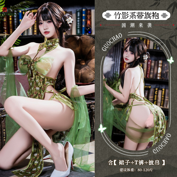 Mannyan Seductive Lace Cheongsam Lingerie - Sheer Silk-Feel Side-Tie Qipao Outfit for Women - 6921183362089 Green [Skirt + T-shirt + Shawl]