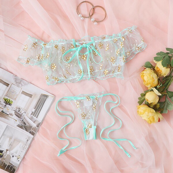 Summer Off-Shoulder Lace Sleepwear Set for Women – Floral Mesh Bralette & Matching Bottoms with Adjustable Ties - 026 Green Five-Petaled Flower