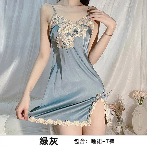Sexy Lace Sleep Dress with Sheer Back & Slit – Breathable Ice Silk Sensual Nightwear for Women - Green-gray