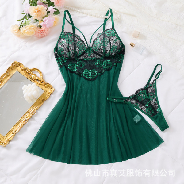 Pure & Alluring Lace Sleep Dress – Ultra-Thin Sheer Mesh Sensual Nightgown for Date Nights & Romantic Evenings - green