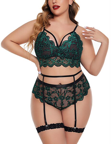 Plus Size Sexy Lace Sheer Lingerie Set - Erotic Bra & Panty Wholesale for US/EU Markets - green