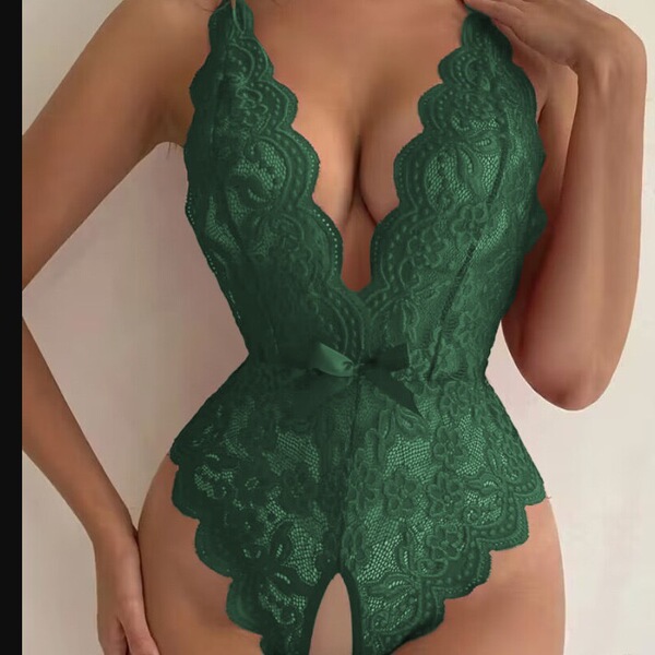 Sexy Backless Lace Bodysuit for Women -European and American Style Open-Crotch Halter Tie-Up Jumpsuit, Wholesale Erotic - green