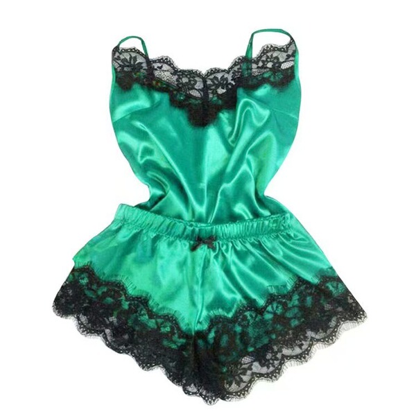 Amazon Ice Silk Women's Summer Sleepwear Set – Sexy Lace Cami & Shorts Two-Piece Outfit - green