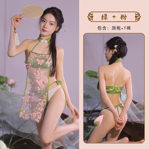 Vintage Chinese Style Lace Belly Dance Bodice Set - Seductive Sheer Silk Qipao Costume for Role Play & Cosplay - green