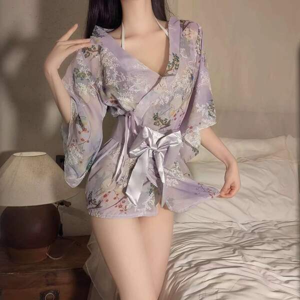 Japanese-Style Sexy Lace Kimono Robe Set - Sheer Chiffon Three-Piece Outfit with Floral Print & Hot Uniform Design - Green Set