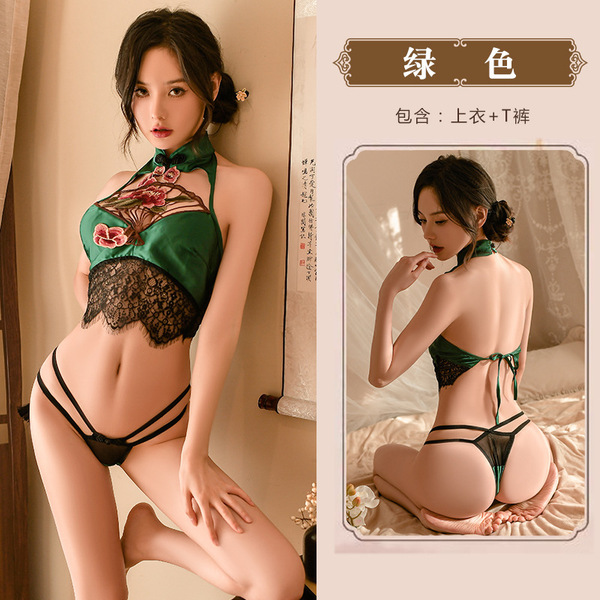 Vintage Chinese-Style Lingerie Set for Women – Seductive Hanfu-Inspired Busty Bodysuit & Matching Panty - green