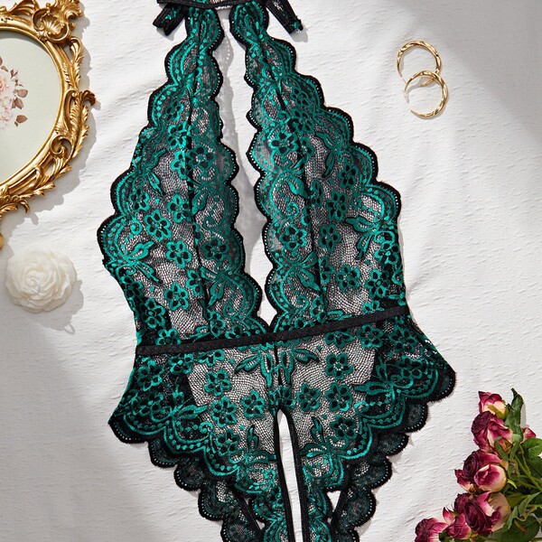Deep V Lace Bodysuit for Women - Floral Print Open-Crotch Backless Sexy Lingerie with Elegant Design - Dark green