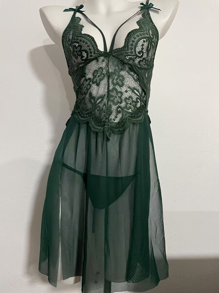 European-Style Sexy Lace Sleepwear Set – Sheer Mesh Cami & Slit Long Nightgown for Women - Dark green