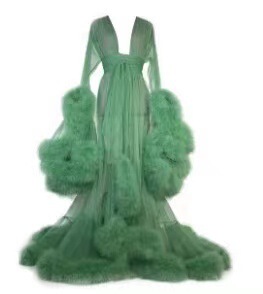 Sexy Feather Sheer Nightgown -European and American Style Long Sleeve Lace Trim Sleep Dress with Flared Sleeves & Train - grass green