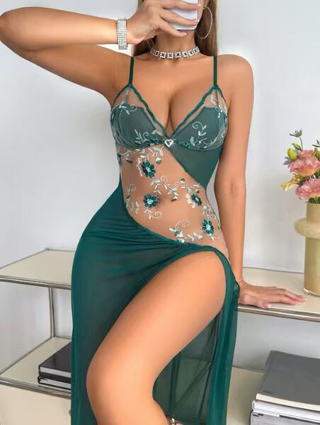 European & US New Sexy Lingerie Nightgown – Sheer Floral Lace Long Dress with Asymmetrical Embroidery & Sensual Cutouts - Dark green