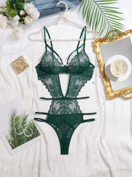 Lace Sheer Bodysuit for Women - Sexy European Style Erotic Lingerie, Ultra-Feminine Full-Lace Intimate Wear - Dark green