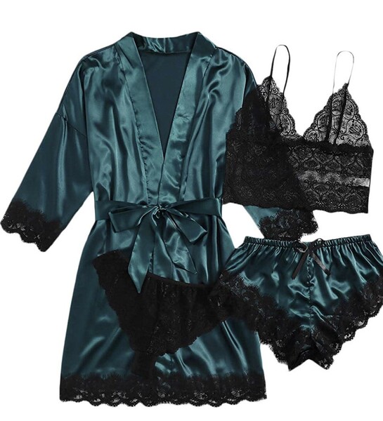 European Women's Lace Sleepwear Set - Sexy Matching 4-Piece Pajama Set for Plus Size & Curvy Women - Dark green