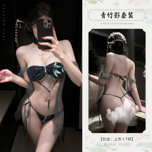 Mannyan Bamboo Shadow Qipao Lingerie Set - Elegant Ancient Chinese Style Sexy Three-Piece Outfit for Date Night - 6921183366582 Green [Top + T-shirt and Pants]