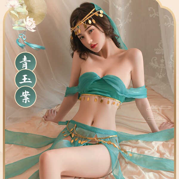 Vintage-inspired belly dance costume featuring green silk fabric, gold accents, and flowing designs perfect for cosplay and p...