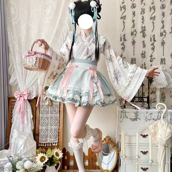 Sweet Lolita Maid Dress Set - Botanical Herbal Apothecary Cosplay Outfit for Women - Light green (top + skirt + double bows + apron)