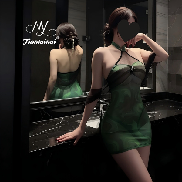 Green snake qipao lingerie - sheer high-neck bodycon sleep dress for women, seductive & pure-yu style nightwear