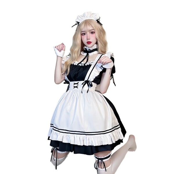 A woman wearing a guava large-size cosplay maid dress, featuring a black and white design with ruffles and bows, perfect for ...