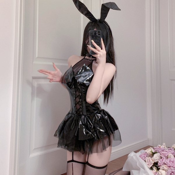 Sexy black dress with shiny pu lace, halter tie straps, and bunny ears. perfect for bold fashion statements.