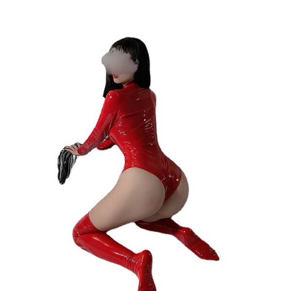 Red latex bodysuit with open crotch design, featuring zippered fetish costume and tight thigh restraints.