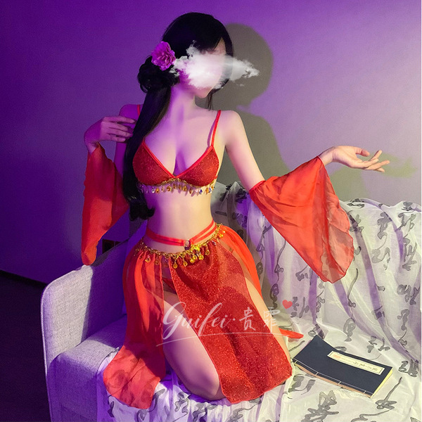 Exotic silk flowing tassel design, guifei sensual lingerie set features vibrant red hues and delicate gold accents, perfect f...