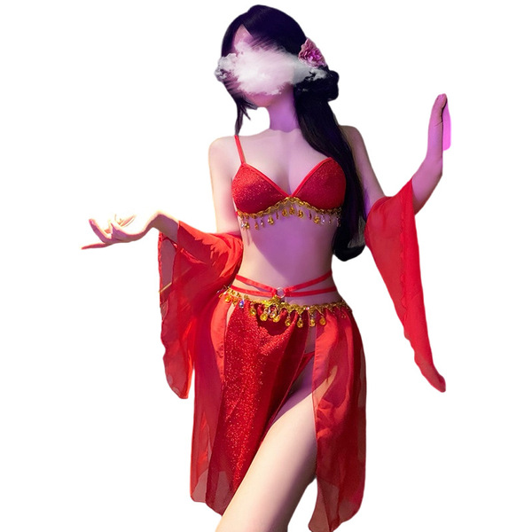 Exotic red guifei sensual lingerie set featuring silk flowing tassels and a tang dynasty flyaway sheer costume, perfect for s...
