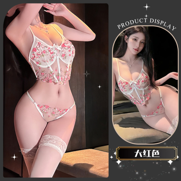 Chaomu Lace Embroidery Lingerie Set - Sexy Push-Up Bra & Thong, Elegant Pure-Yet-Sensual Women's Intimate Wear - Osmanthus Fragrance * Bright Red + White Fishnet Stockings