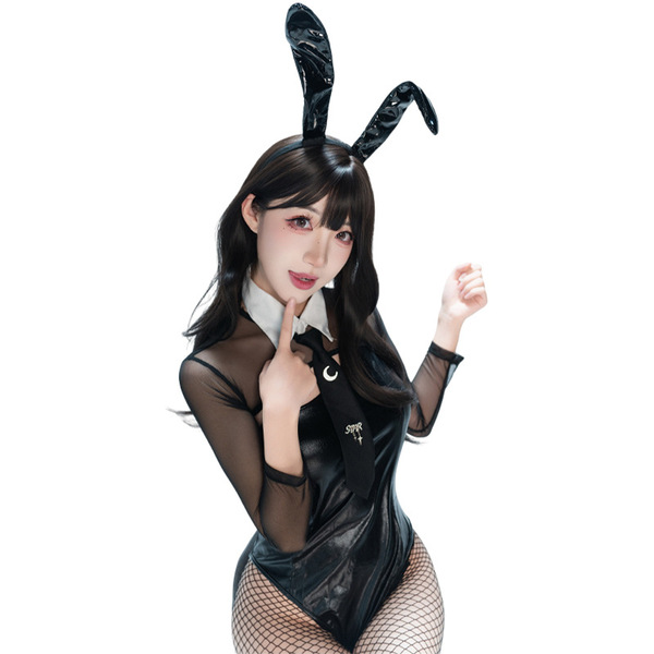 Sexy anime cosplay outfit featuring a black leather bunny girl costume with fishnet stockings and bunny ears.
