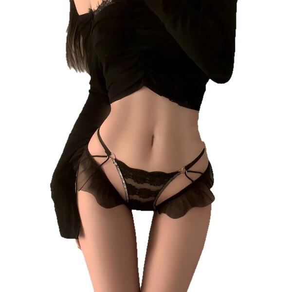 Sexy sheer lace bikini panties featuring hollow ring detail and thin straps, perfect for women seeking elegant design.