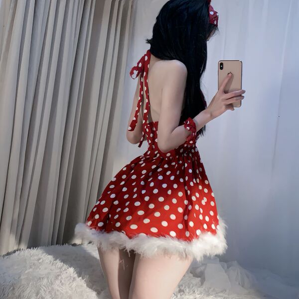 Red polka dot babydoll nightgown with scalloped trim and halter neck, perfect for french chic sleepwear.