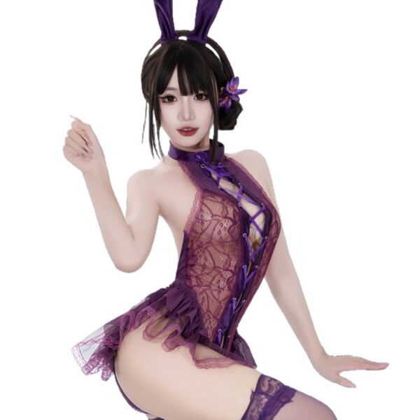 Purple sheer lace bodysuit with ties, open-crotch design, sexy sleepwear for women.