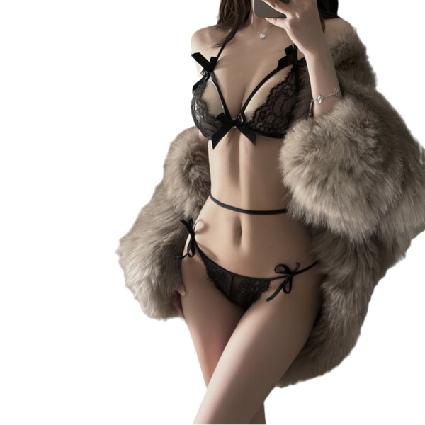 Sexy guiyun lingerie set featuring japanese lace design, elegant black bra with bows and matching panties, perfect for a dari...