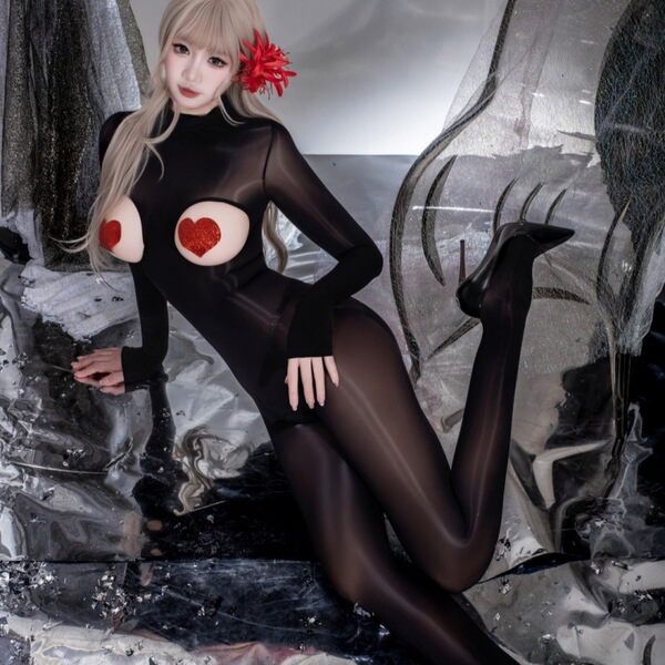 Sexy sheer bodysuit with glossy black fishnet tights, featuring open-crotch design and seamless chest cutout for bold fashion...