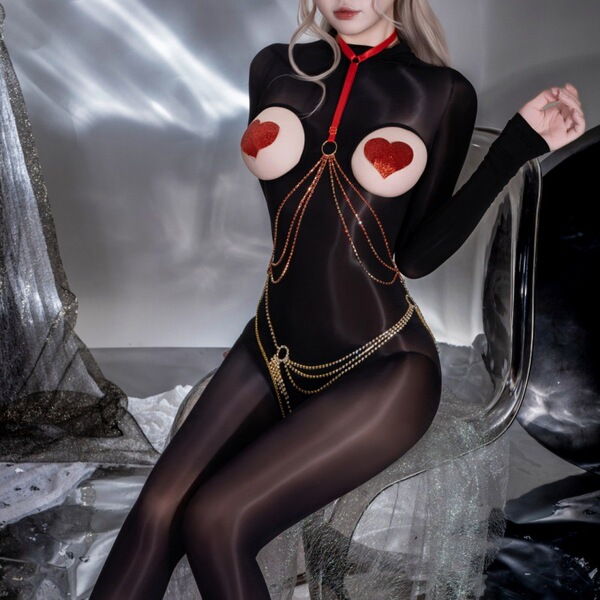 Sexy sheer bodysuit featuring glossy black fishnet tights, open-crotch design, and seamless chest cutout for bold fashion sta...