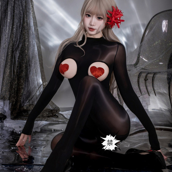 Sexy sheer bodysuit with fishnet tights, open-crotch design, seamless chest cutout, ultra-thin and shiny.
