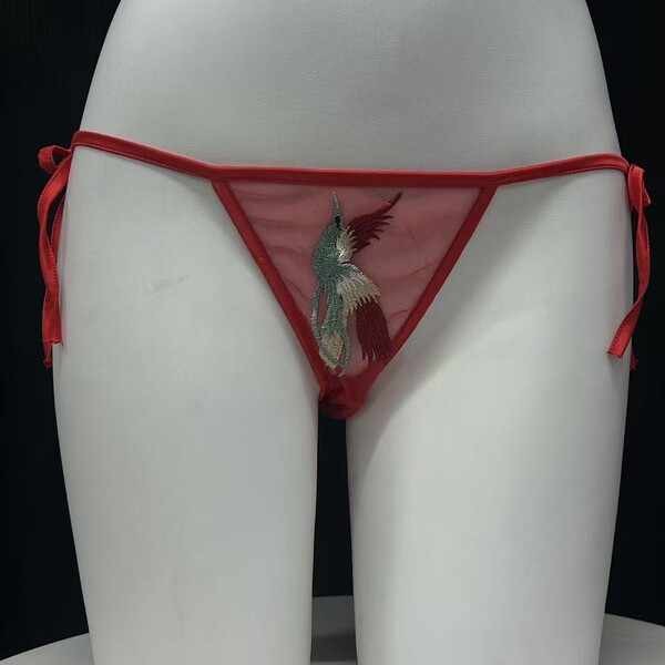 Guiyun vintage phoenix lace bikini panties - sheer retro feminine mesh underwear with ties, plus size sexy lingerie