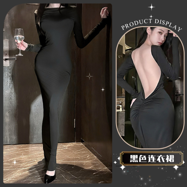 Golden Night Seductive Backless Lace Long Dress - Busty Alluring Lingerie for Women - Beautiful and vibrant~ [Black]