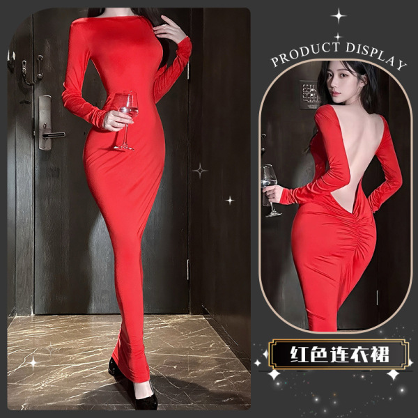 Golden Night Seductive Backless Lace Long Dress - Busty Alluring Lingerie for Women - Beautiful and vibrant~ [Red]