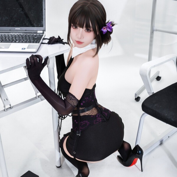 Sexy outfit featuring guoyun aurora shiny silk stockings with lace, paired with a black corset and high heels, perfect for wo...