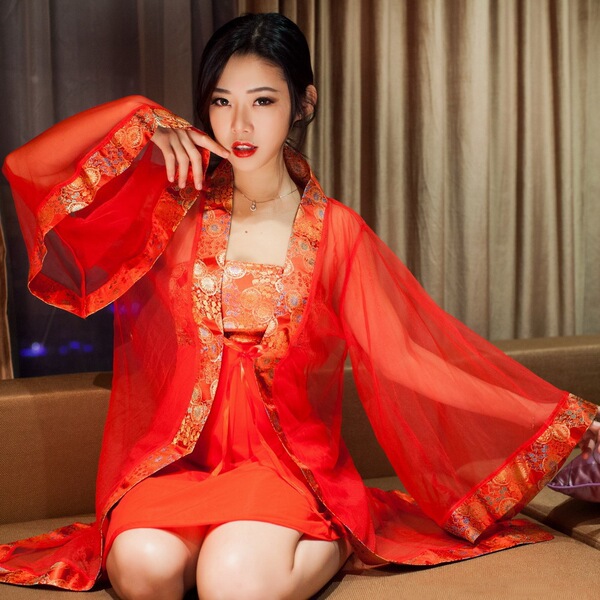 Sensual Hanfu Lingerie Set - Plus Size Ancient Chinese Style Busty Bodice & Matching Skirt, Erotic Palace-Inspired Outfi - H014 Bridal Gown [Jacket + Bandeau + Thong]