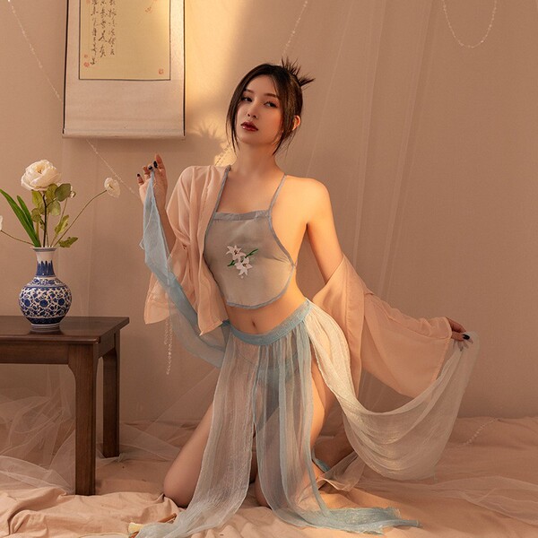 Sensual Hanfu Lingerie Set - Plus Size Ancient Chinese Style Busty Bodice & Matching Skirt, Erotic Palace-Inspired Outfi - H883 Hosta Flower Blue
