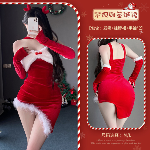 Xianyi Sexy Lace Crop Top Dress Set - New Year & Christmas Slim-Fit Sleepwear Outfit for Women - Set (hair accessory + gloves + dress)