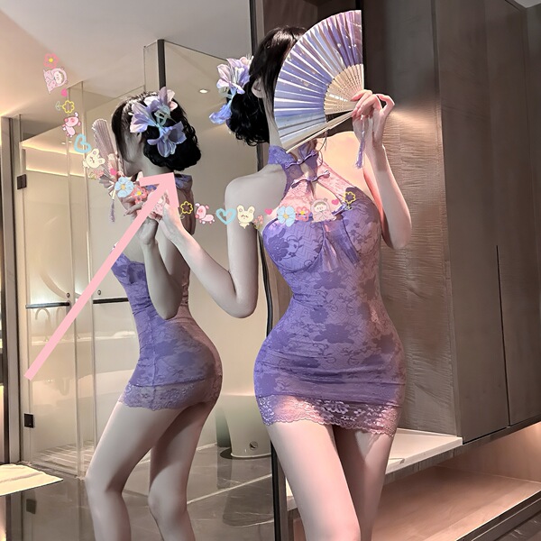 Domoila Purple Cheongsam Lingerie Set - Seductive Pure-Yu Sleepwear & Bodycon Dress Outfit for Women - Single shot - same hair accessory