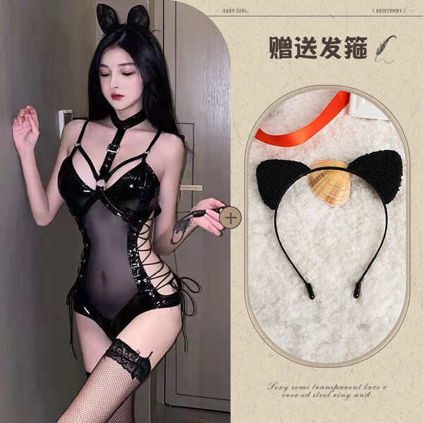 Sexy Queen Costume Set - PVC Bondage Lingerie Outfit with Transparent & Cute Playful Design - Image set + size 3 headband