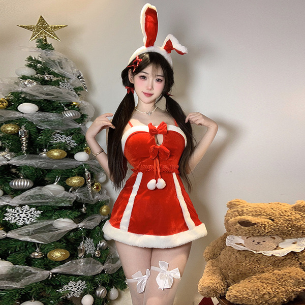 Velvet Bunny Costume Dress - Sexy Mesh Lace Sleepwear for New Year's Eve Party - 9903 [Headband + Skirt]