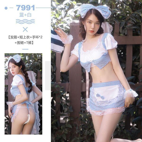 Blue Grid Maid Costume - Seductive Lingerie Set with Open-Crotch Design for Role Play & Bedroom Fun - Set includes: [Headband + 2 Bracelets + Thong + Stockings]